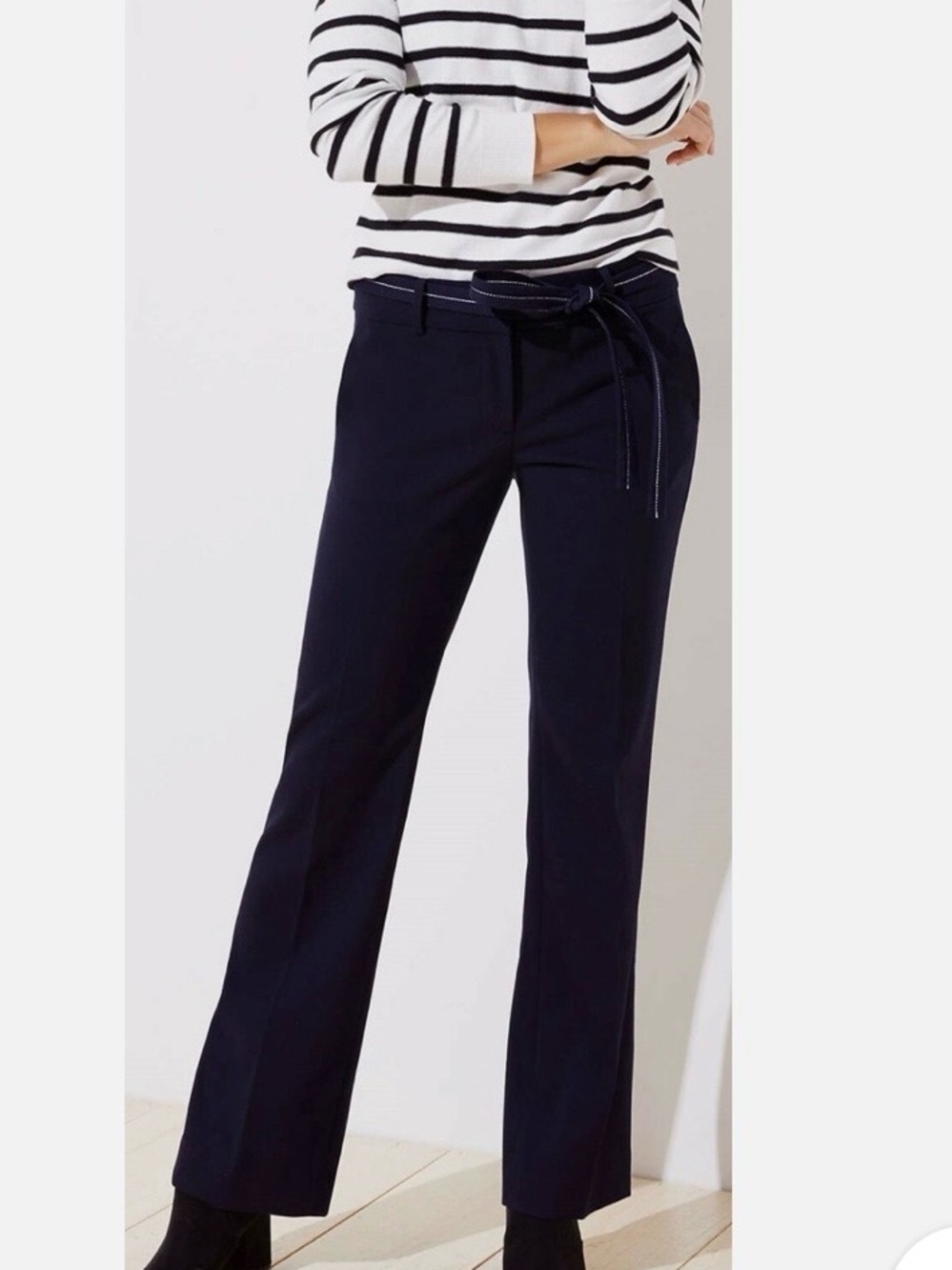 LOFT Navy Straight-Leg Belted Trousers